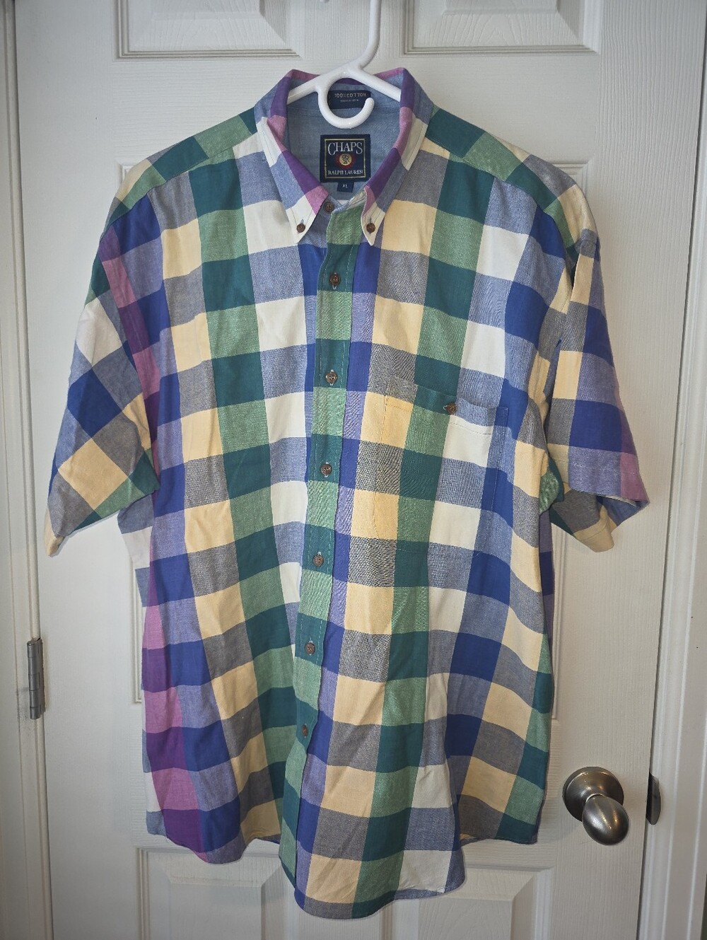 Vintage 80s Ralph Lauren CHAPS short-sleeved button-down checker W/Pocket SZ XL